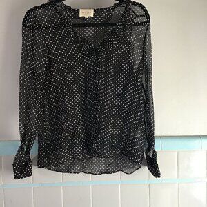 Sezane Sézane Capucine polka dot black white sheer silk blouse w/ cuff & ruffle